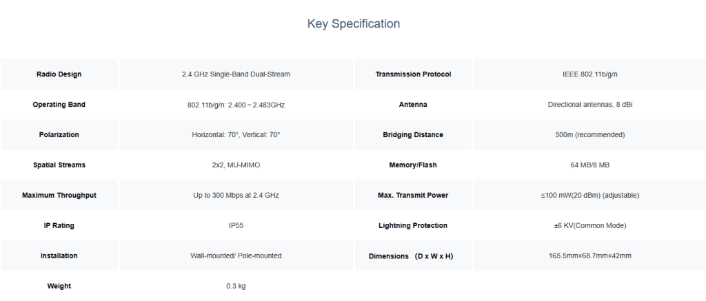 RG-EST100-E, 2.4GHz Dual-stream 500m Wireless Bridge