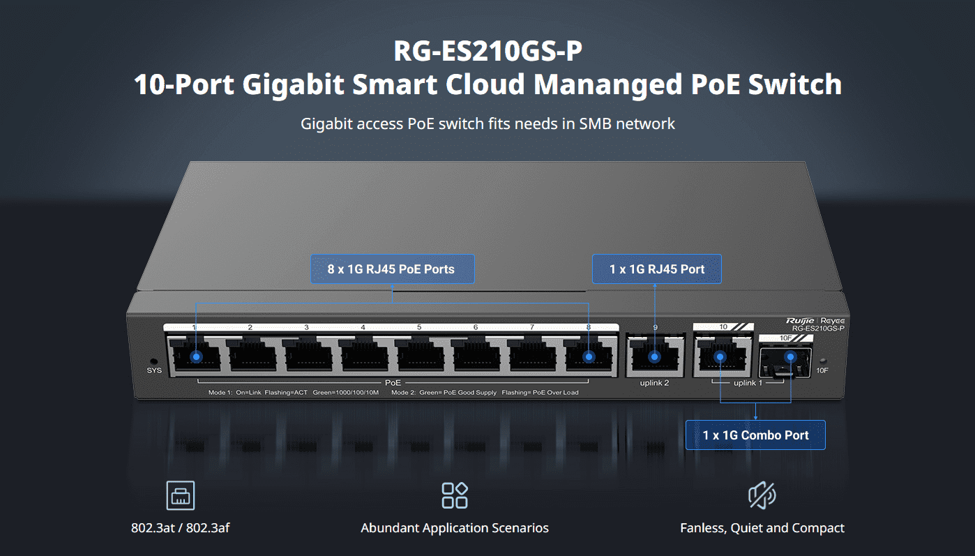 Ruijie Reyee RG-ES210GS-P, 10-Port Gigabit Smart Cloud Managed PoE Switch official feature image 1