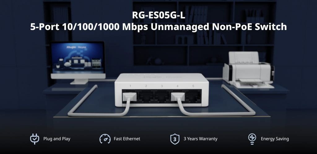 Ruijie Reyee RG-ES05G-L 5-Port 10/100/1000 Mbps Unmanaged Non-PoE Switch official feature image 1