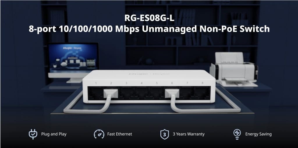 Ruijie Reyee RG-ES08G-L 8-Port 10/100/1000 Mbps Unmanaged Non-PoE Switch official feature image 1