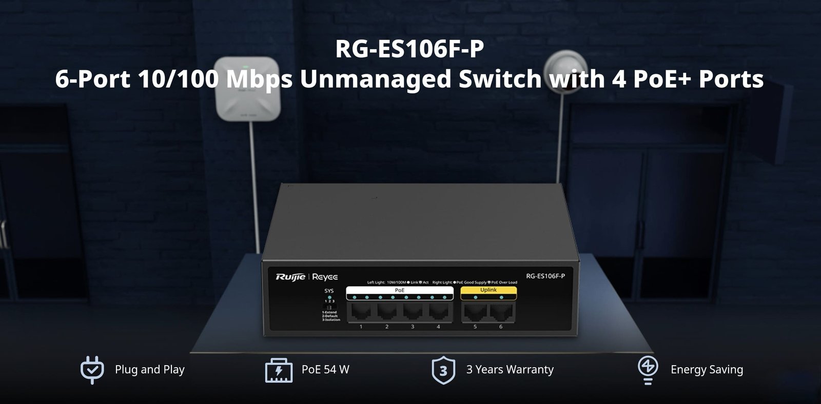 Ruijie Reyee RG-ES106F-P, 6-Port 10/100 Mbps Unmanaged PoE Switch official feature image 1