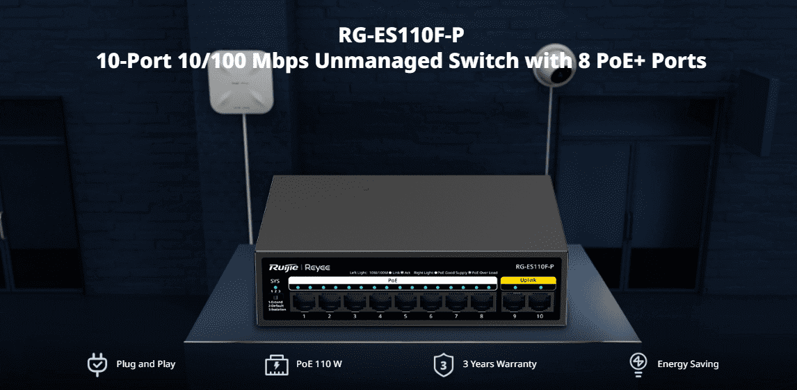 Ruijie Reyee RG-ES110F-P, 10-Port 10/100 Mbps Unmanaged PoE Switch official feature image 1