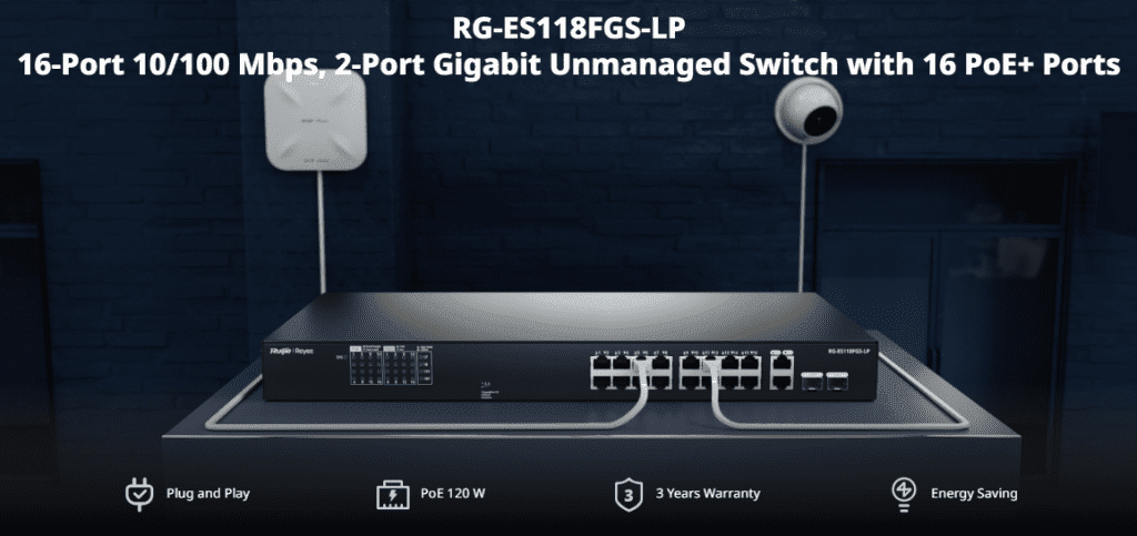 Ruijie Reyee RG-ES118FGS-LP, 16-Port 10/100 Mbps with 2-Port Gigabit Unmanaged PoE Switch official feature image 1