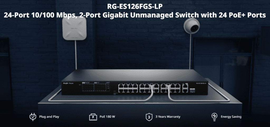 Ruijie Reyee RG-ES126FGS-LP, 24-Port 10/100 Mbps with 2-Port Gigabit Unmanaged PoE Switch official feature image 1