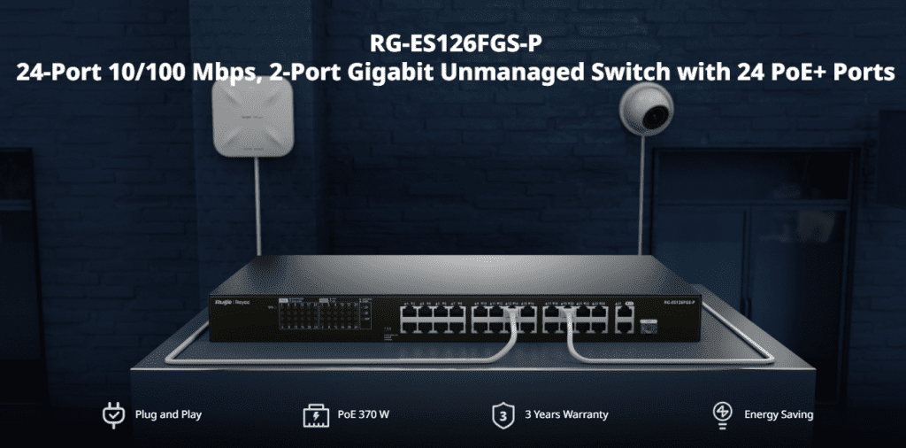Ruijie Reyee RG-ES126FGS-P, 24-Port 10/100 Mbps with 2-Port Gigabit Unmanaged PoE Switch official feature image 1