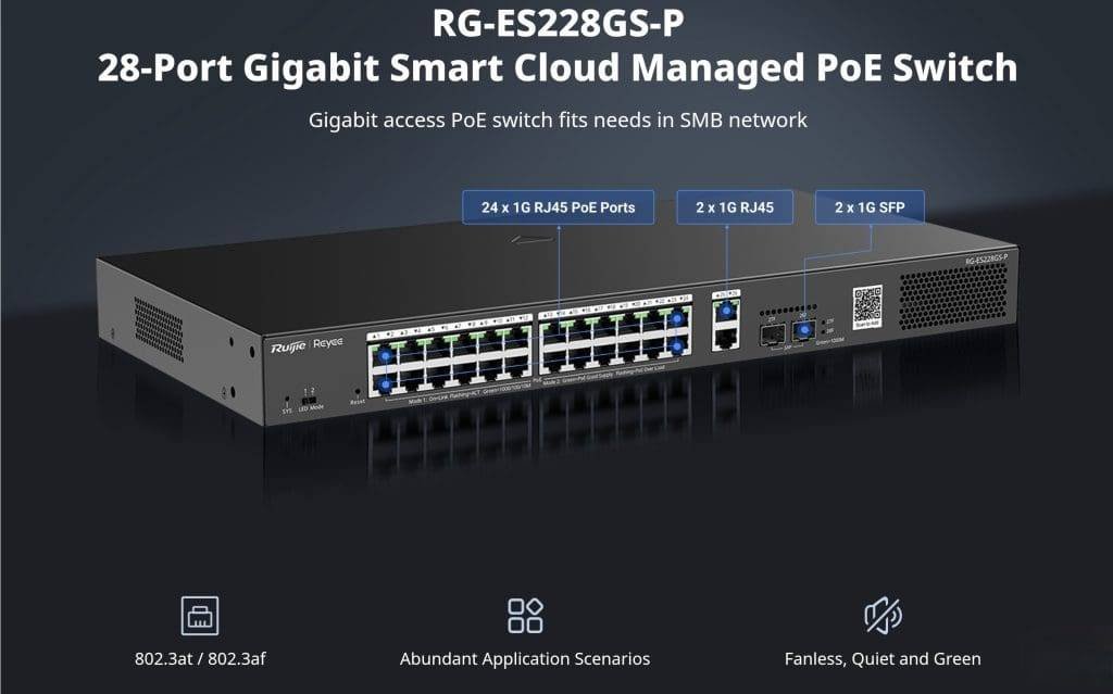 Ruijie Reyee RG-ES228GS-P 28-Port Gigabit, 24 PoE+ Ports, 2 SFP Ports, Smart Cloud Managed PoE Switch official feature image 1