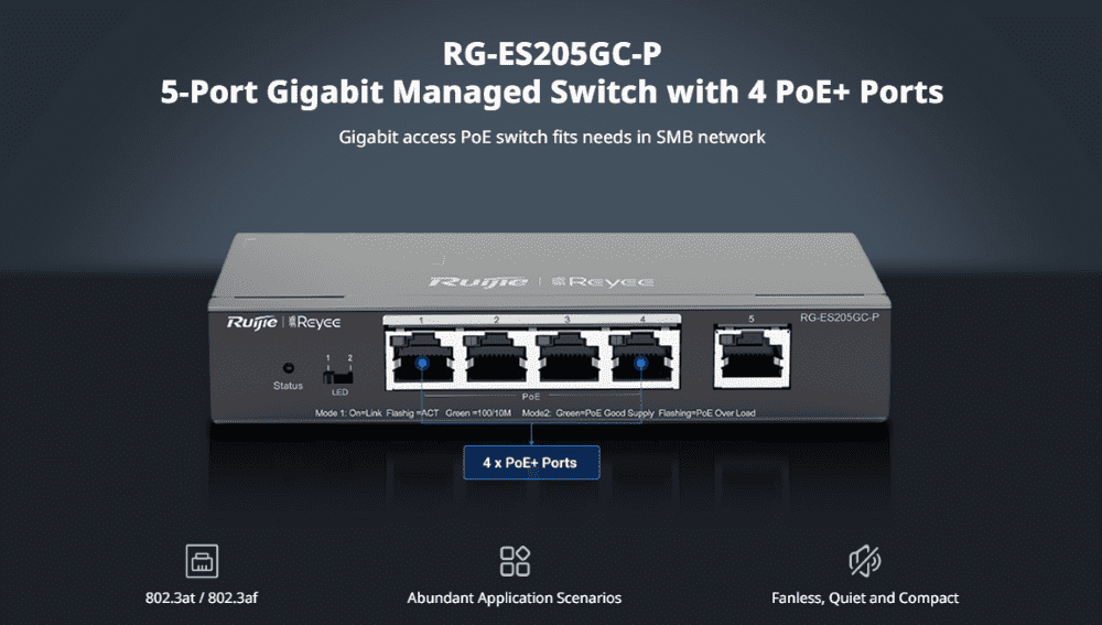 Ruijie Reyee RG-ES205GC-P, 5-Port Gigabit Smart Cloud Managed PoE Switch official feature image 1