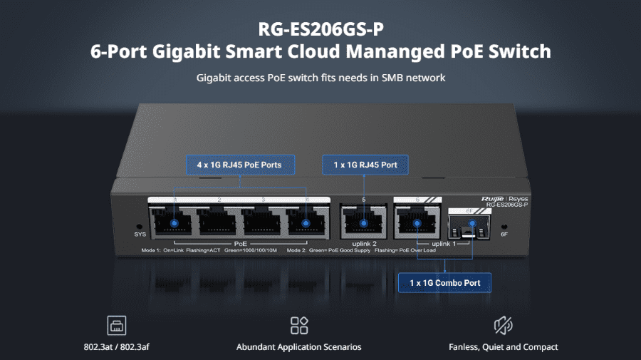 Ruijie Reyee RG-ES206GS-P, 6-Port Gigabit Smart Cloud Managed PoE Switch official feature image 1