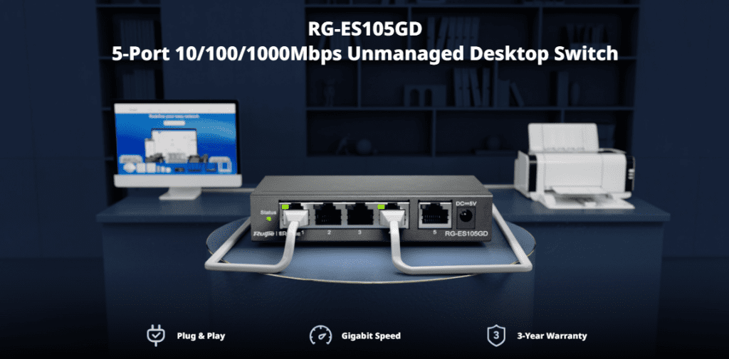 Ruijie Reyee RG-ES105GD, 5-port 10/100/1000Mbps Unmanaged Non-PoE Switch official feature image 1