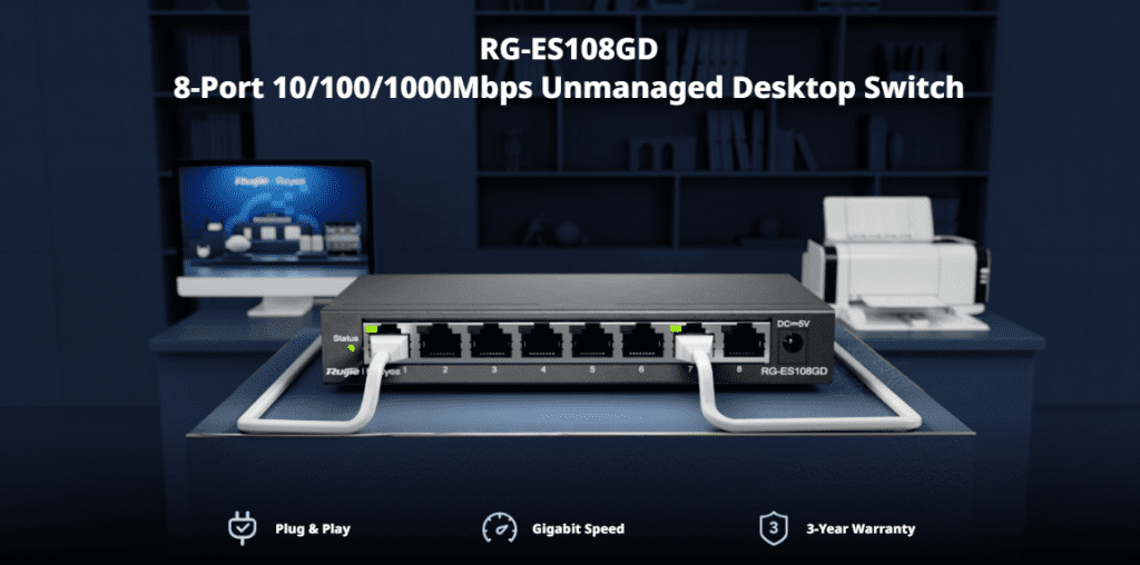 Ruijie Reyee RG-ES108GD, 8-port 10/100/1000Mbps Unmanaged Non-PoE Switch official feature image 1