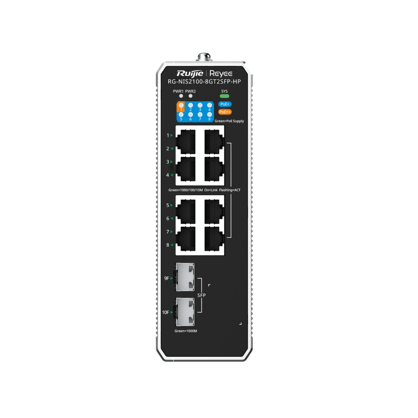 Ruijie Reyee RG-NIS2100-8GT2SFP-HP, 10-Port Cloud Managed Industrial Switch, with 1 x PoE++ Port, 7 x PoE+ Ports, and 2 x SFP Uplink Ports - Image 2