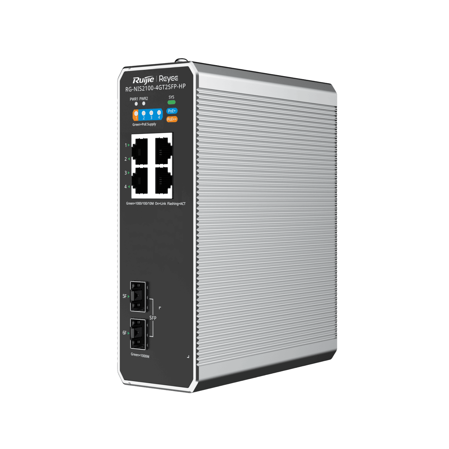 Ruijie Reyee RG-NIS2100-4GT2SFP-HP, 6-Port Cloud Managed Industrial Switch, with 1 x PoE++ Port, 3 x PoE+ Ports, and 2 x SFP Uplink Ports