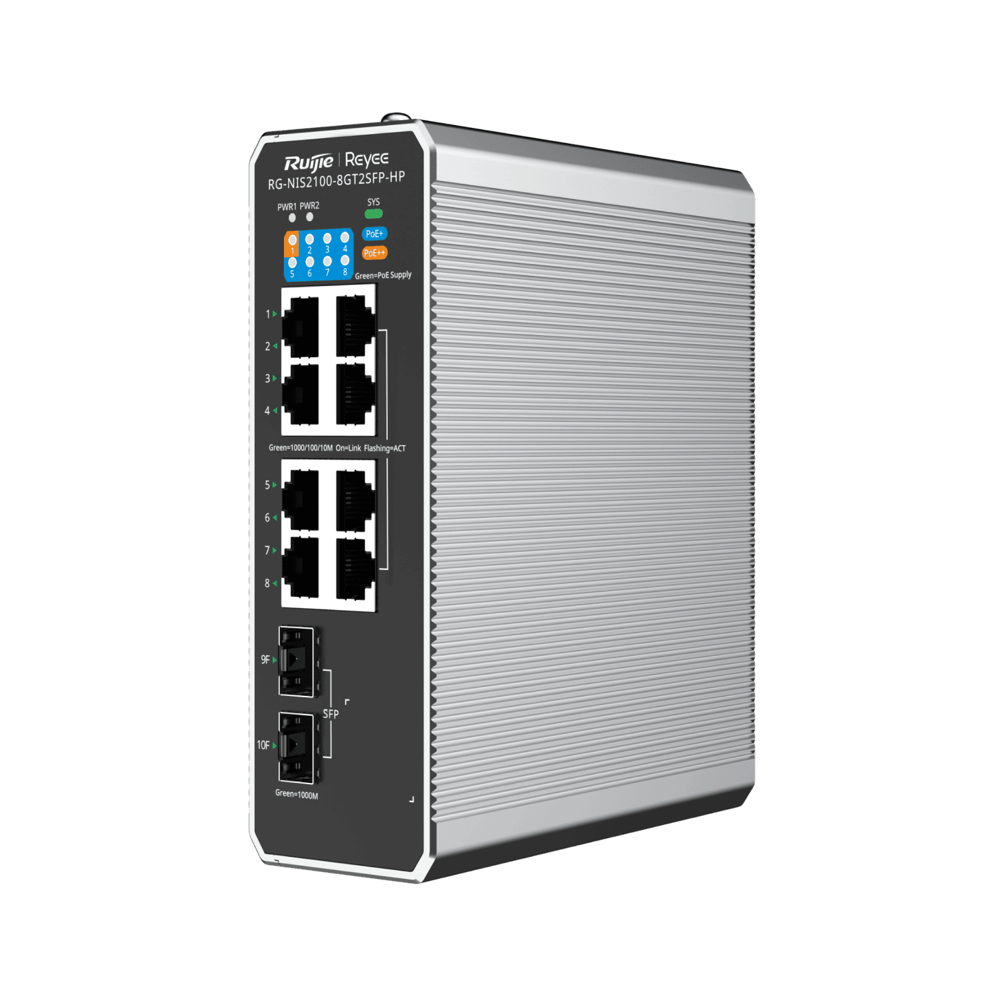 Ruijie Reyee RG-NIS2100-8GT2SFP-HP, 10-Port Cloud Managed Industrial Switch, with 1 x PoE++ Port, 7 x PoE+ Ports, and 2 x SFP Uplink Ports
