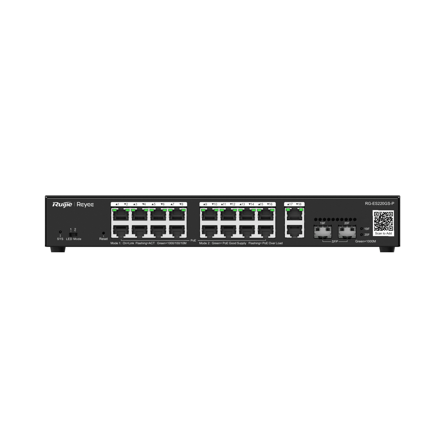 Ruijie Reyee RG-ES220GS-P, 20-Port Gigabit, 16 PoE+ Ports, 2 SFP Ports, Smart Cloud Managed PoE Switch